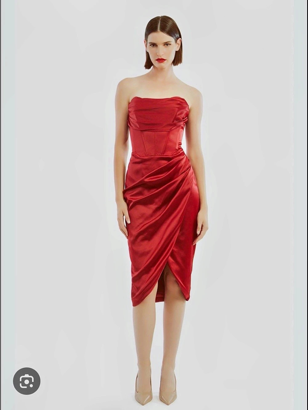 Bardot Jamila Strapless Draped Satin Corset Midi Dress Red L